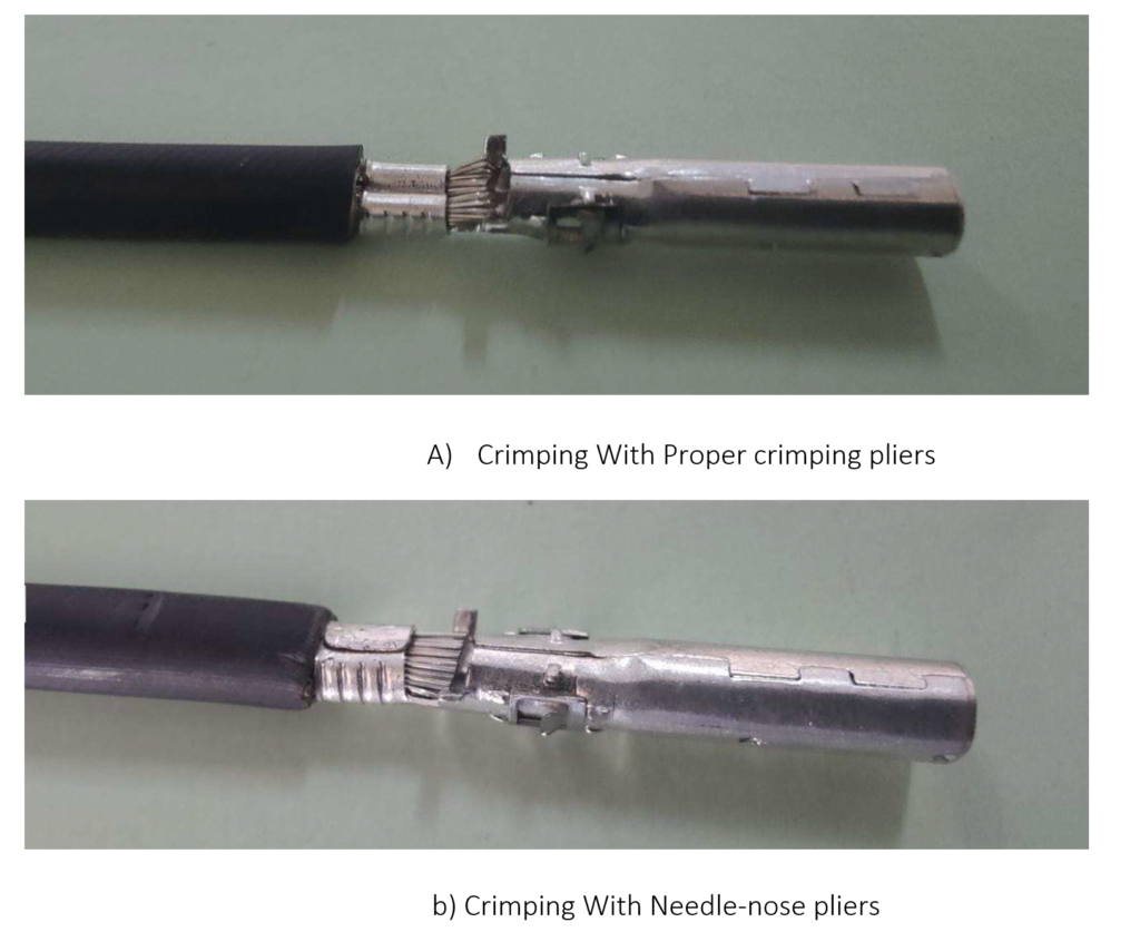 Visual Comparison - crimping with proper crimping pliers vs with needle-nose pliers